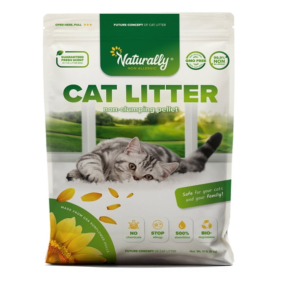 Natural Non-Clumping Cat Litter Pellets, Sunflower Hull Formula with Natural Ingredients, Strong Odor Control, 11 lb