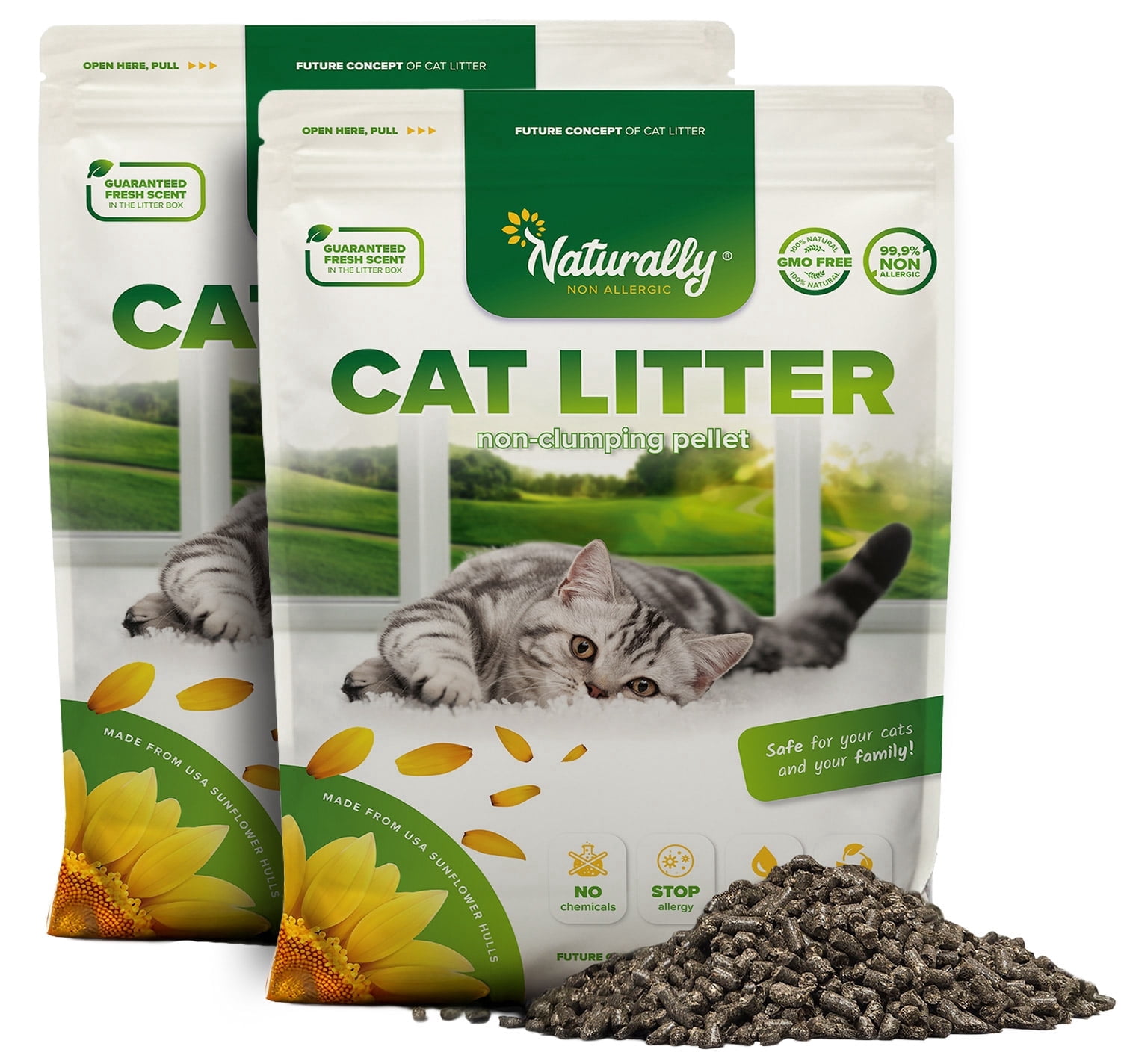 Natural Non-Clumping Cat Litter Pellets, Sunflower Hull Formula with Natural Ingredients, Strong Odor Control, 22 lb