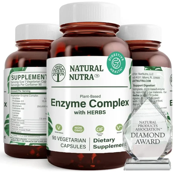 Natural Nutra Digestive Enzyme Complex with Herbs, Prevents Stomach - 90 Vegan Capsules