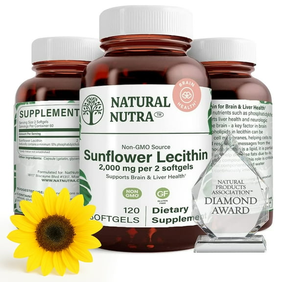 Natural Nutra Sunflower Lecithin 2000 mg Supplement – Soy Free, Non-GMO, Gluten-Free | Liver Function Support, Brain Health Booster, Helps to Improve Memory, Focus and Concentration 120 Softgels