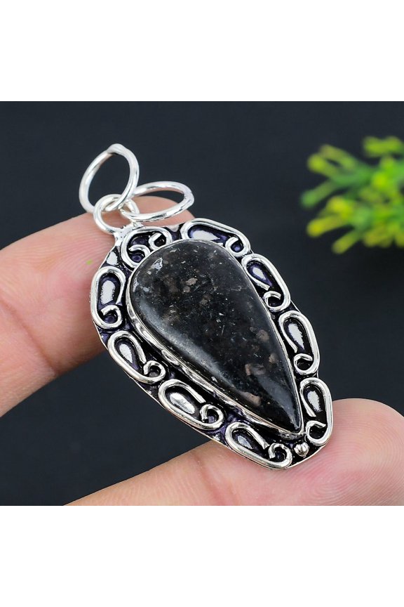 Natural Nuummite Gemstone Handmade 925 Sterling Silver Pendant 2.21"