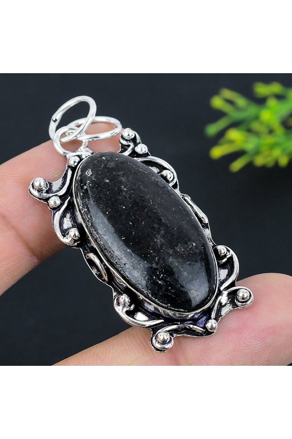 Natural Nuummite Gemstone Handmade 925 Sterling Silver Pendant 2.29"