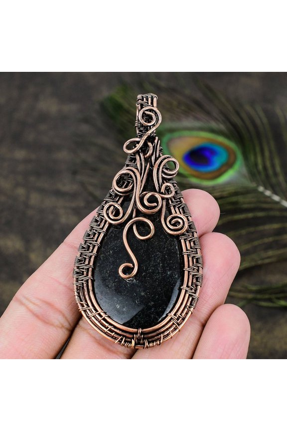 Natural Nuummite Gemstone Handmade Copper Wire Wrap Gift Pendant 3.27