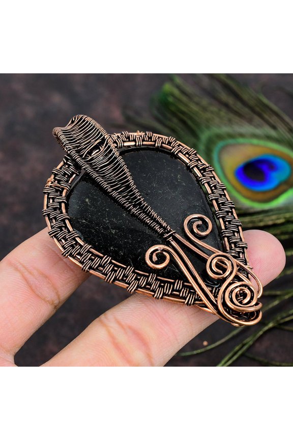 Natural Nuummite Gemstone Handmade Copper Wire Wrap Gift Pendant 3.35