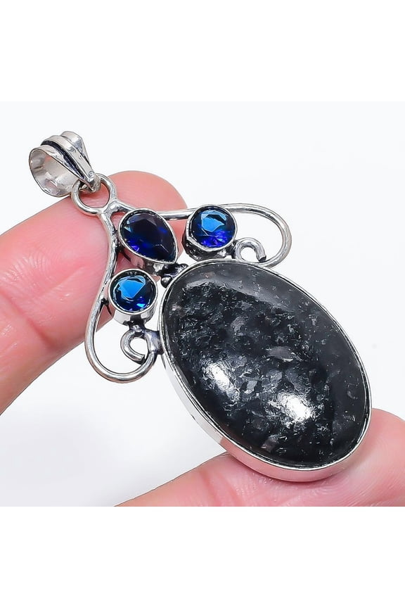 Natural Nuummite, Topaz Gemstone 925 Sterling Silver Jewelry Pendant 2.44"