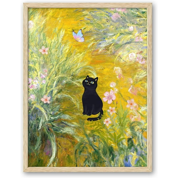 Natural OAK Wood Vintage Unframed Wall Art, 8x10in Monet Black Cat Path Through Irises Poster, Impressionism Funny Monet Garden Artwork, Canvas Wall Decor For Bedroom Living Room Set of 1