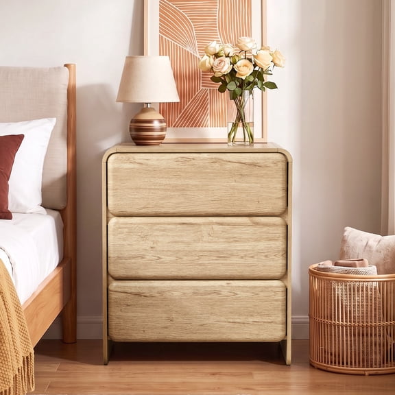 Natural Oak 3-Drawer Nightstand, Modern Curved Wood Side Table with Anti-Tipping Device, Multifunctional Storage Dresser for Bedroom, Living Room & Home Office