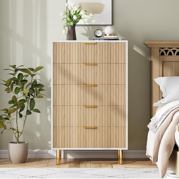 Natural Oak 5-Drawer Fluted Bedroom Dresser – 48" Tall Modern Chest with Gold Handles, Anti-Tip Device, Wooden Organizer for Living Room, Hallway, Kids Room