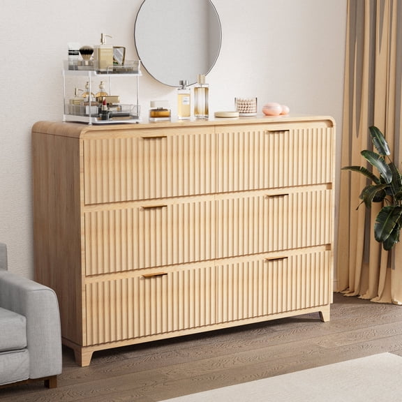 Palifte Natural Oak 6 Drawer Dresser,Boho Fluted Dresser with Wave Panel Design, Modern Chest of Drawers Waterproof for Living Room, Hallway, Entryway