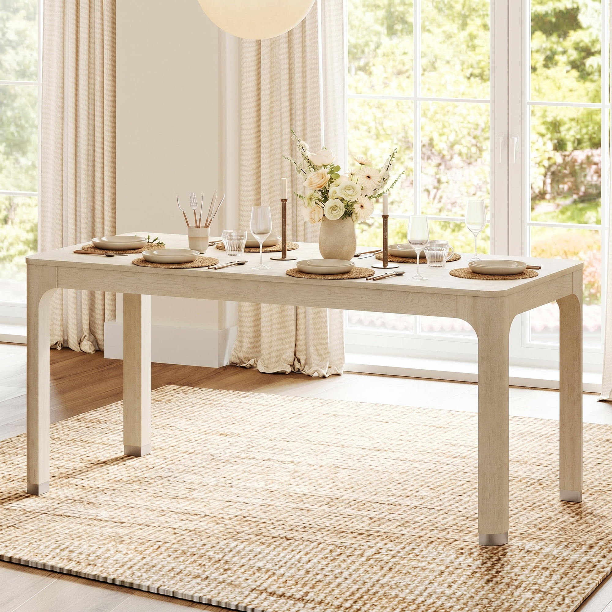Natural Oak 66-Inch Dining Table for 4-6 People, Modern Mid-Century Kitchen Table with Solid Wood Legs