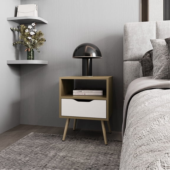 Natural Oak And White Bedroom Nightstand With Drawer Stable Construction Scratch- Surface