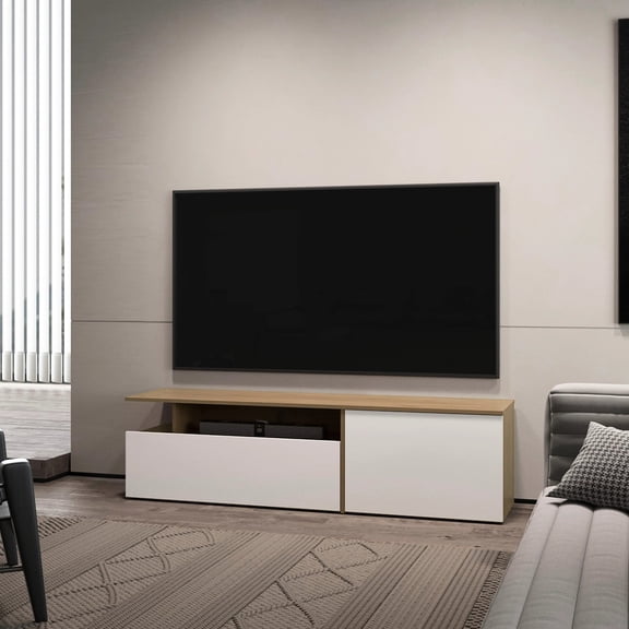 Natural Oak And White Tv Stand, Functional With Drop-down Door Construction