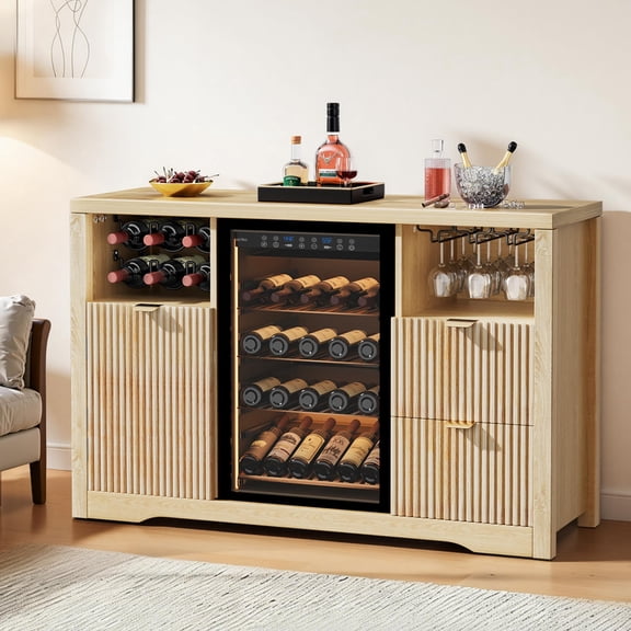 Natural Oak Bar Cabinet with Built-In Wine Fridge, Fluted Design, 53 W