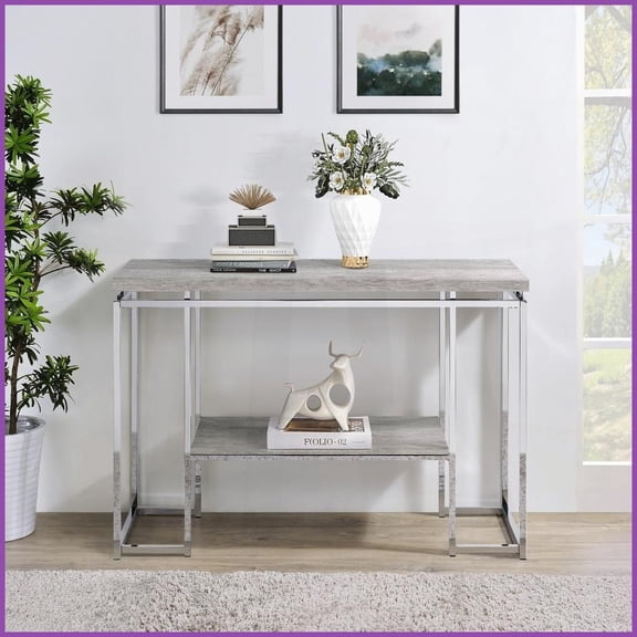 Natural Oak & Chrome Industrial Coffee Table for Living Room with Open Shelf Storage