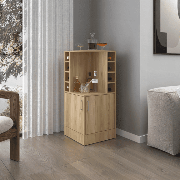 Natural Oak Corner Bar Cabinet with Bottle Rack & Open Shelves - 42.6 Tall
