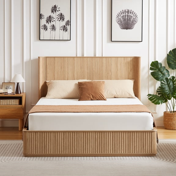 Natural Oak Corrugated Wave Wood Headboard Platform Bed frame, 44" Tall Headboard Queen Size Bed Frame, Modern Minimalist, Easy Assembly, No Box Spring Required