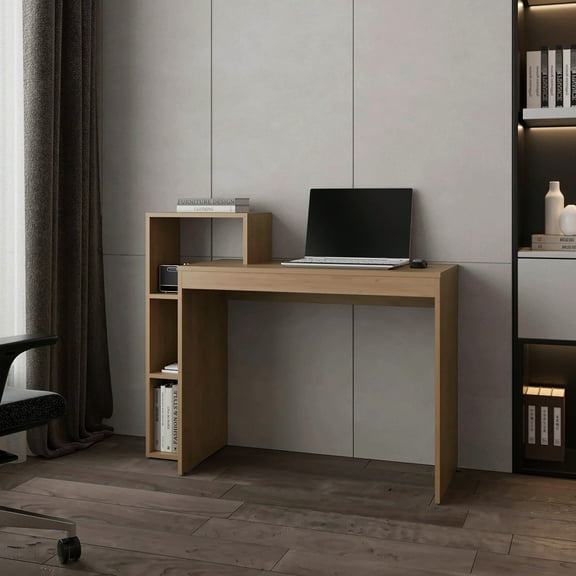 Natural Oak Desk With Ample Open Shelf Space For Organization - Optimize Your Office User- Storage Enhance Work Efficiency