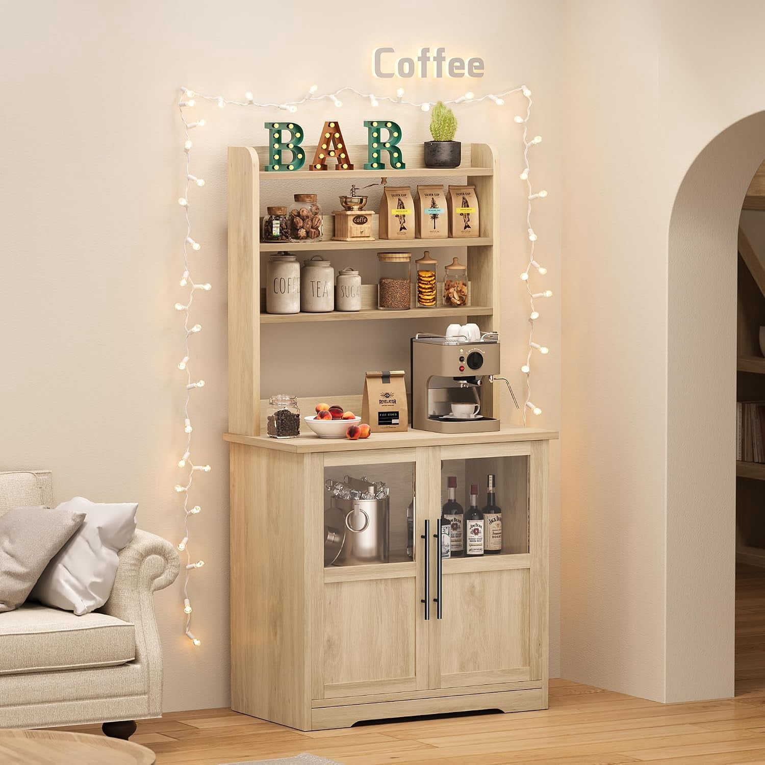 Natural Oak Farmhouse Bakers Rack with Charging Station & Glass Door ...
