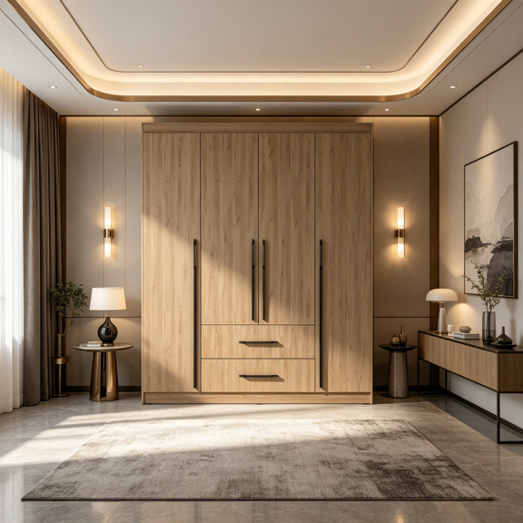 Natural Oak Finish 4-Door Wardrobe Closet with Drawers and Shelves for Bedroom Storage Organization
