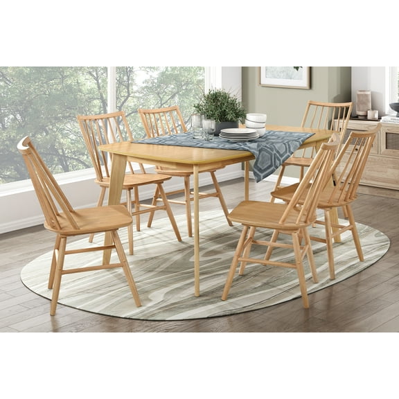 Natural Oak Finish Casual Dining 7pc Set Table and 6 Side Chairs Curved Backrest Windsor Wooden Dining Kitchen Furniture