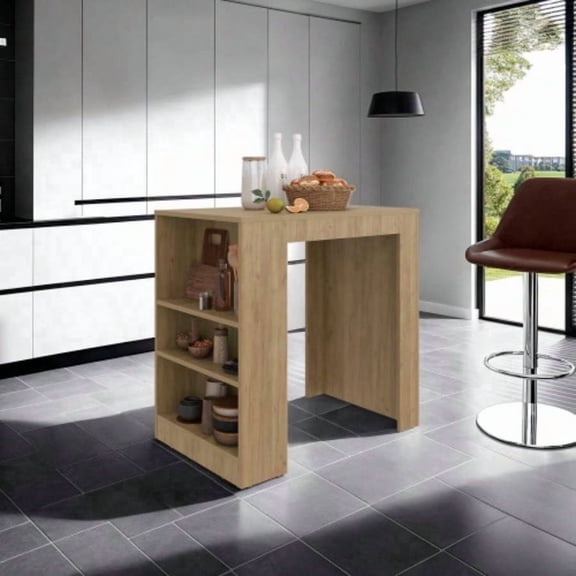 Natural Oak Finish Kitchen Island Bar Table - 3 Side Storage Shelves for Small Kitchens & Dining Rooms
