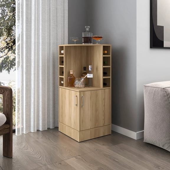 Natural Oak Freestanding Bar Cabinet with Bottle Rack Adds Warmth to Living Rooms