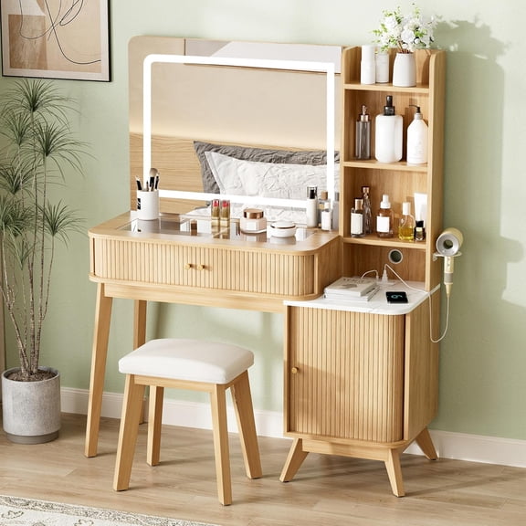Natural Oak Glass Top Vanity Desk with Large Mirror, Lights, Stool, Charging Station, 2 Drawers, and Sliding Door Cabinet