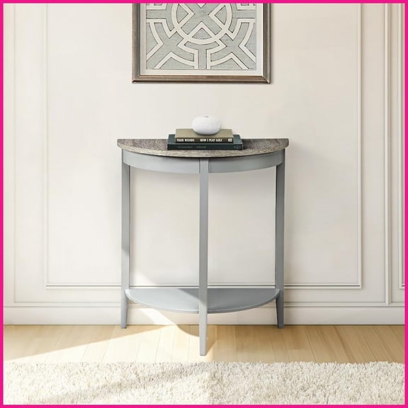 Natural Oak & Gray Half-Moon Coffee Table with 1 Storage Shelf Easy Clean for Entryway/Living Room