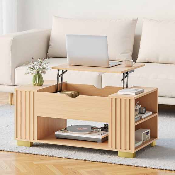 Natural Oak Lift Top Coffee Table With Hidden Storage And Adjustable Height For Living Room