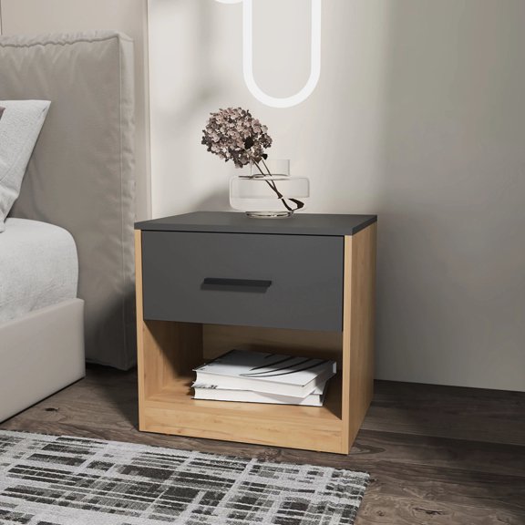 Natural Oak Matt Grey Blend, 1 Drawer Feature / For Bedside, Ensures Neat Storage