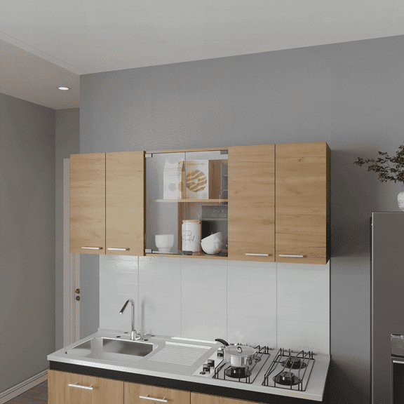 Natural Oak Melamine Wall Kitchen Cabinet 4-Door with 3 Open Shelves & Concealed Storage