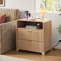 VNT Fluted Nightstand with Charging Station, End Table with 2 Drawers for Bedroom, Natural Oak