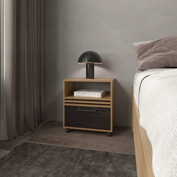 Natural Oak Nightstand with a Drawer, Open Storage, and Mobility Thanks to Caster Wheels