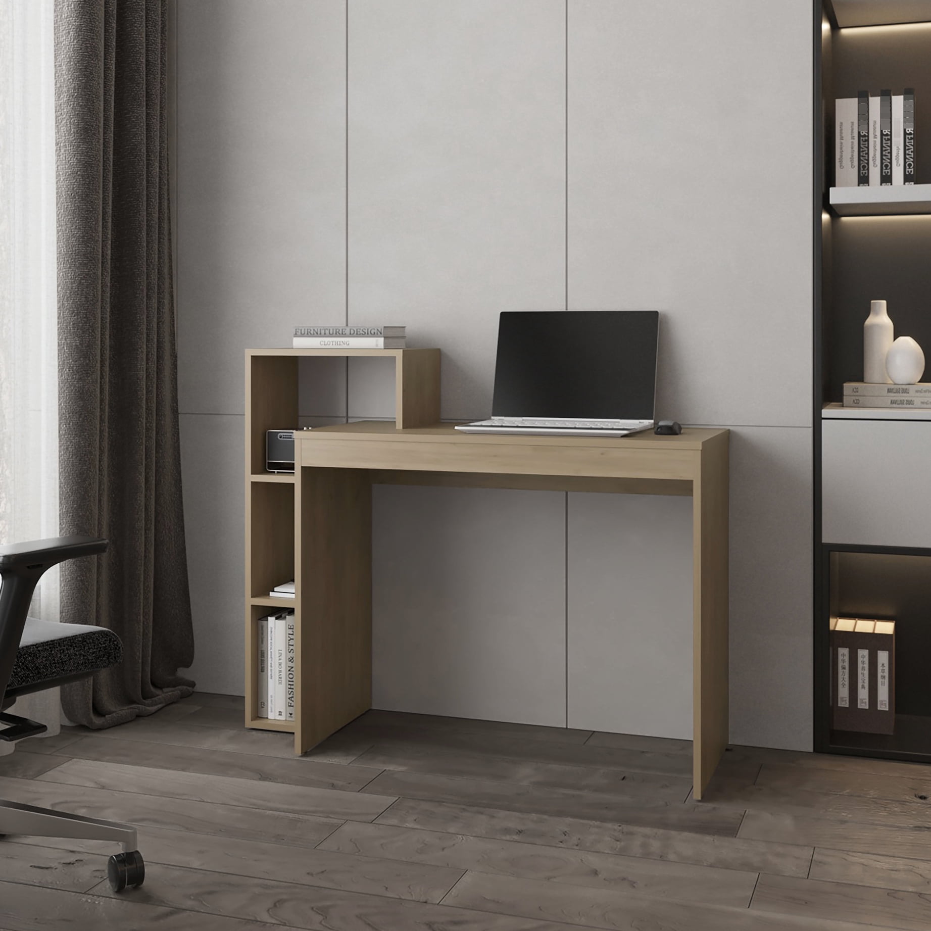 Natural Oak Open Storage Computer Office Table - Modern Desk With Large ...