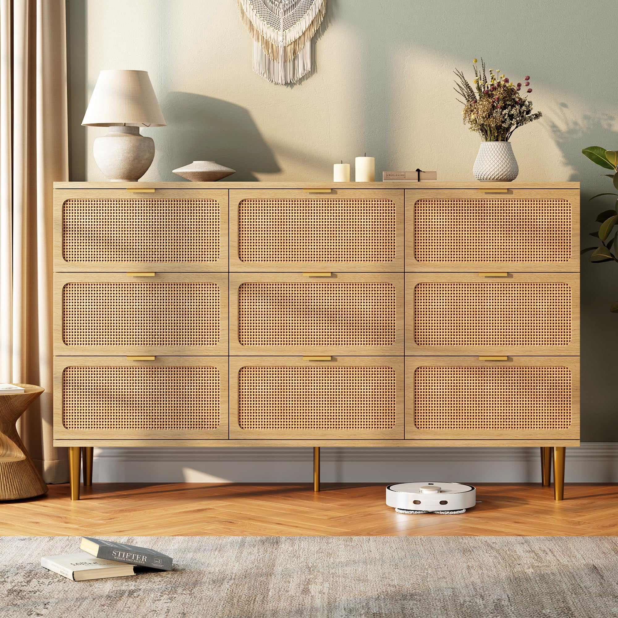 Natural Oak Rattan 9 Drawer Dressers for Bedroom, Deep Drawer,Tall ...