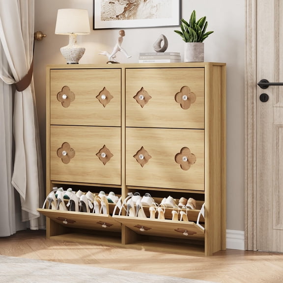 Natural Oak Shoe Cabinet with 6 Flip Drawers, Shoe Storage Cabinet with Adjustable Shelves, Flower Pattern & Diamond Handle, Freestanding Slim Shoe Storage, Wooden Shoe Organizer Cabinet for Entryway