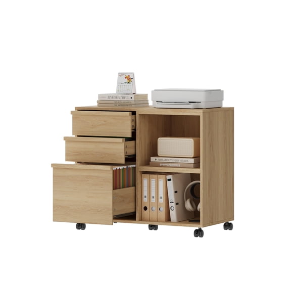 Natural Oak Three-Drawer Mobile File Cabinet With Open Shelves Rolling Lateral Filing Unit For A4 Letter Files Home Office