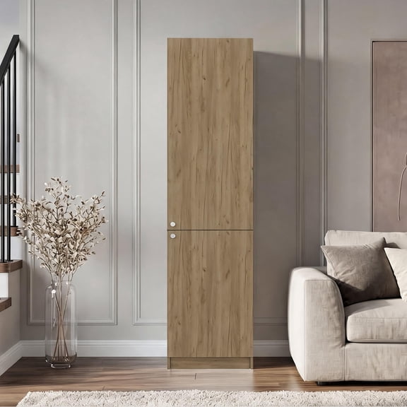 Natural Oak Vertical Storage Bookcase, 71 Inch Tall Compact Storage Cabinet with White Finish, Engineered Wood