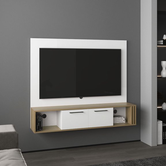 Natural Oak - White Finish | Two Cabinets for Hidden Storage | TV Support in Open Backing Area