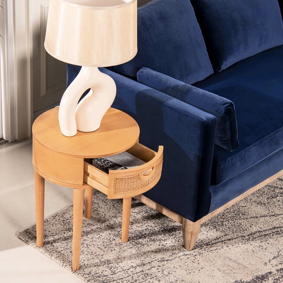 Natural Oak Wood 18" Round Side Table With Cane Storage - Brown Finish, For Living Room And Bedroom Use Wood, Solid + , Plastic Feet, &