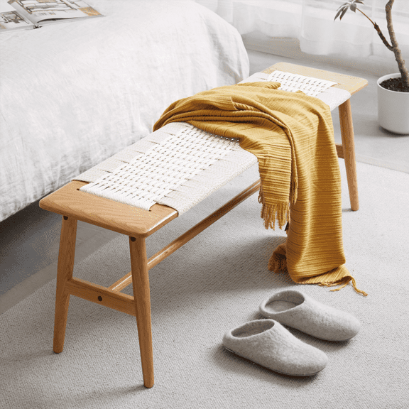 Natural Oak Wood 4-Piece Dining Bench Bed Bench with White Finish (Solid Wood)