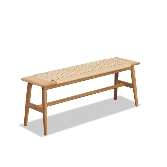 Natural Oak Wood Bench with Rattan Woven Detail, Multipurpose Seat for Dining Room, Bedroom & Bathroom