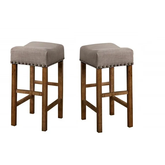 Natural Oak Wood Counter Height Bar Stool Set of 2, Nailhead Trim Upholstered Kitchen Stools