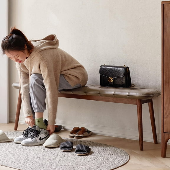 Natural Oak Wood Dining Bench with Genuine Leather Cushion - 51" Brown Upholstered Seat for Living Room, Entryway, Piano - Sturdy Solid Wood Furniture