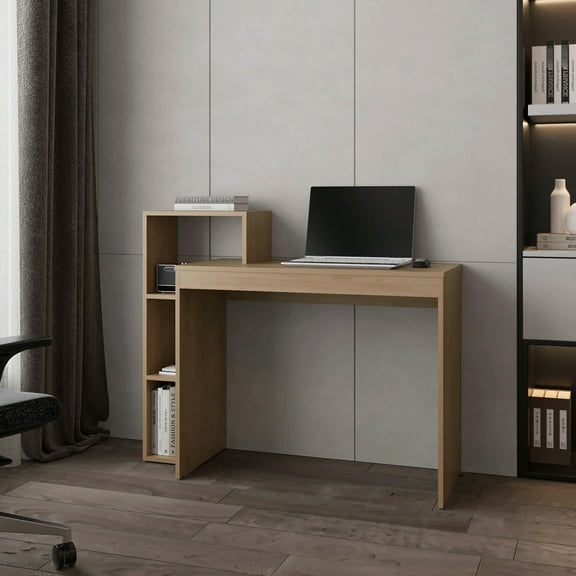 Natural Oak Writing Desk With Open Storage - Modern Office Essential Stylish Computer Convenient Facilities Build A Workspace