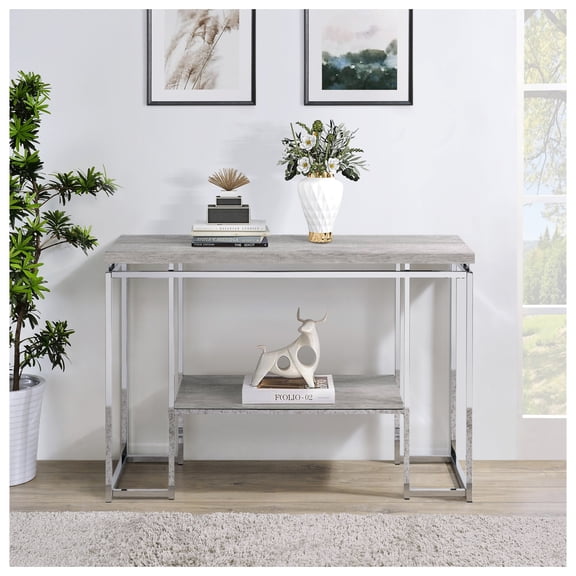 Natural Oak and Sofa Table Grey+Silver + Primary Living Space + Contemporary + Shelves + Rectangular + Wood+Metal + Sled