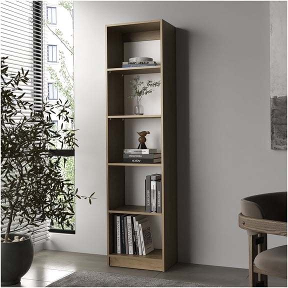Natural Oak and White 5-Tier Bookcase, Open Storage Shelf for Living Room, Office