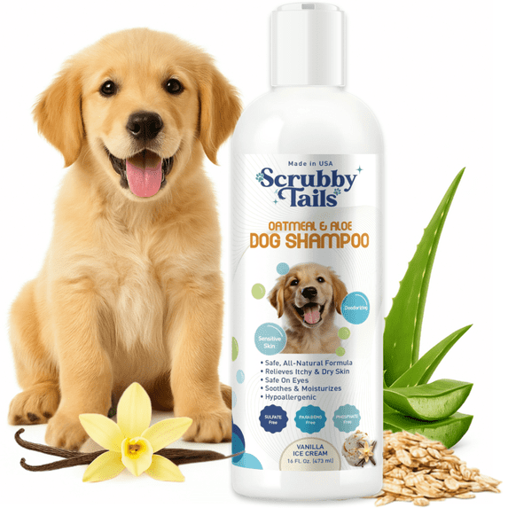 Scrubby Tails Organic Dog Shampoo - Puppy Oatmeal Shampoo for Itchy Skin Relief - Hypoallergenic for Sensitive Skin & Newborns, Deodorizes Smelly Dogs, Tearless, Made in USA, 16oz (Vanilla Ice Cream)
