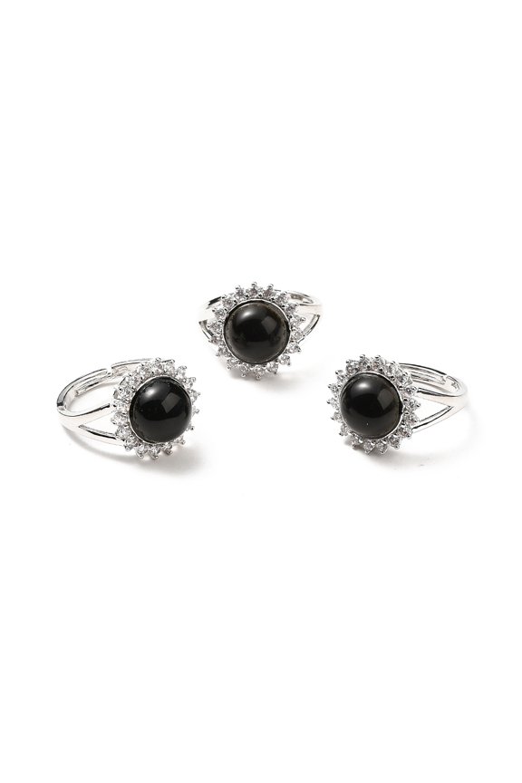 Natural Obsidian Adjustable Rings Platinum Tone Flower Brass Rhinestone Rings for Women Cadmium Free Lead Free US Size 8(18.1mm) 2.5-8mm