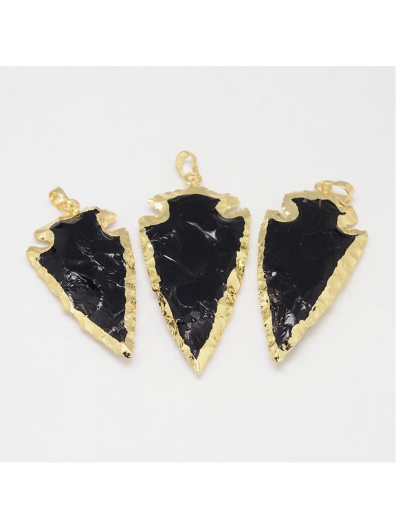 Natural Obsidian Big Pendants Arrowhead with Brass Finding Golden 50~70x20~30x6~10mm Hole: 5x8mm
